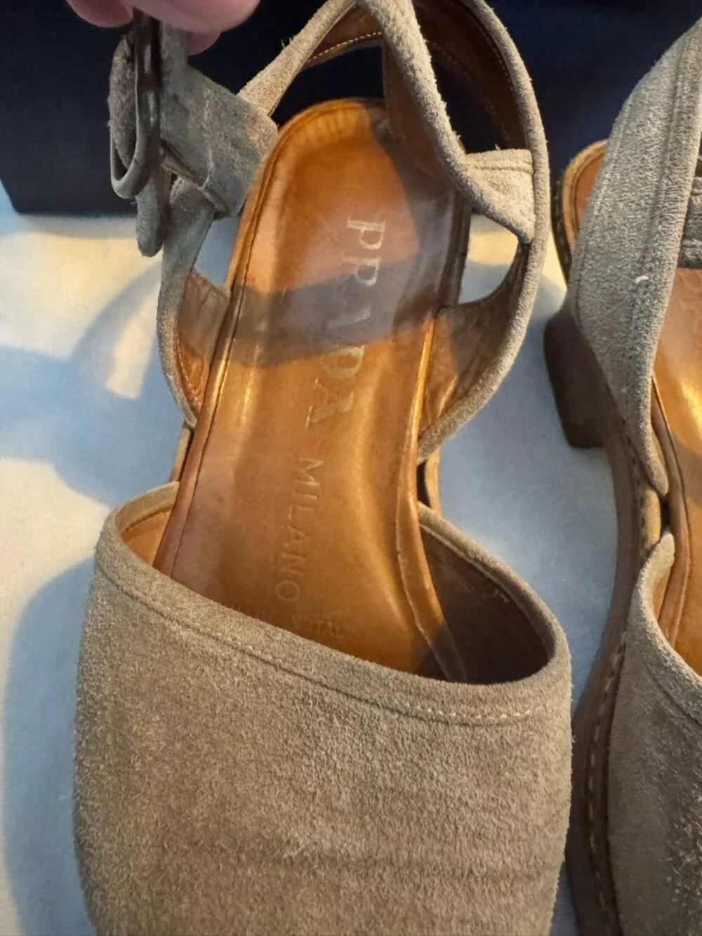 PRADA Milano Beige Suede Platform Wedge Sandals Ankle Strap 37.5 With Box
